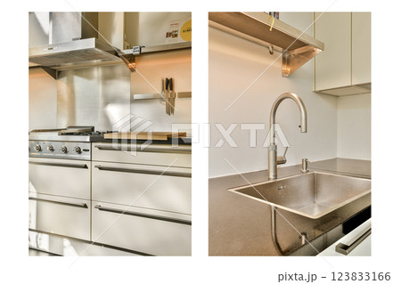 A contemporary kitchen featuring metallic surfaces, a professional-grade stove, and an elegant sink. The minimalist design emphasizes functionality and style. 123833166