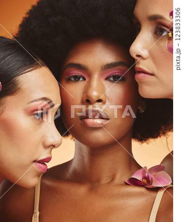 Beauty, flower and group of women with makeup in studio, model for fashion, cosmetics and skincare. Diversity, beauty products and portrait of African girls face for spa, skincare and skin wellness 123833306