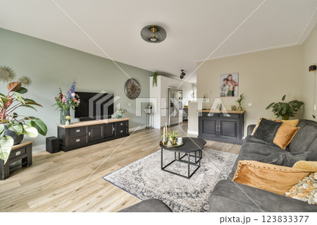 A stylish modern living room featuring contemporary furniture, a cozy atmosphere, and elegant decor elements, perfect for relaxation and socializing. 123833377
