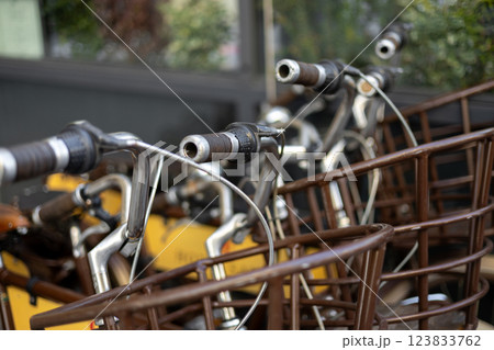 Bicycle parking in the city. Ecological type of transport. Close-up. Renting bicycles for exploring the city 123833762