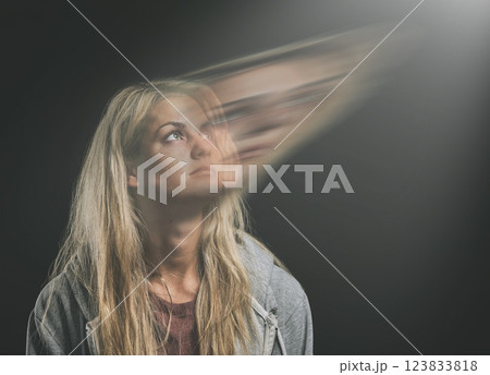 Mental health, anxiety or bipolar woman thinking in double exposure in dark studio for psychology or trauma. Schizophrenia or depressed frustrated girl with depression, fear and paranoid mockup 123833818
