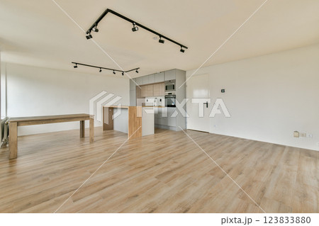 A spacious modern interior featuring sleek lines, neutral tones, and wooden accents, creating a serene living environment bathed in natural light. A spacious modern interior featuring sleek lines, neutral tones, and wooden accents, creating a serene living environment bathed in natural light. 123833880