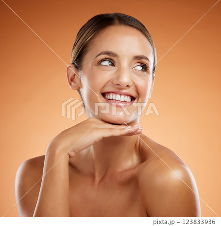 Natural beauty, skincare and woman with glow on face or skin for makeup cosmetics product and cosmetology advertising idea. Happy female model thinking and satisfied with dermatology facial treatment 123833936