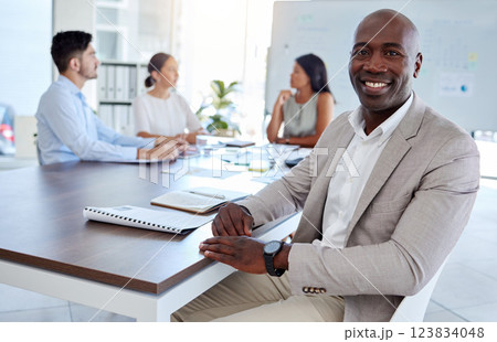 Management, leadership and portrait of businessman in meeting for presentation, marketing and future growth. Innovation, goals and future with black man employee working in review, vision and idea 123834048