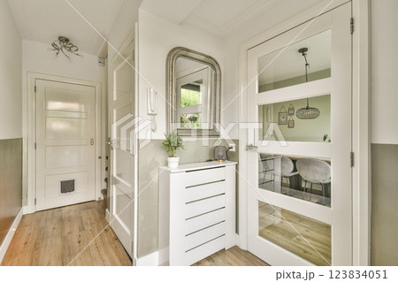 A stylish modern hallway showcasing elegant decor, sleek furniture, and natural light, creating a welcoming atmosphere in a contemporary home. 123834051