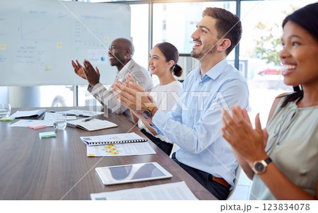 Team presentation success, company applause or happy workers with support, smile or motivation in office. Team building, collaboration or diversity for award on creative strategy or marketing growth 123834078