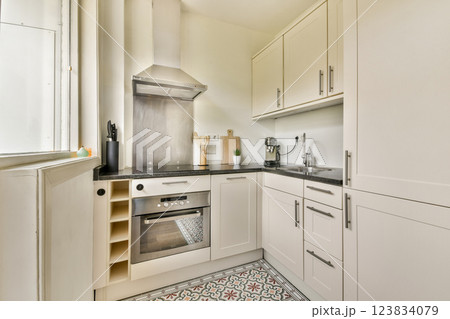 A contemporary kitchen featuring sleek cabinet finishes, a stainless steel oven, and patterned flooring, creating a functional and stylish cooking space. 123834079