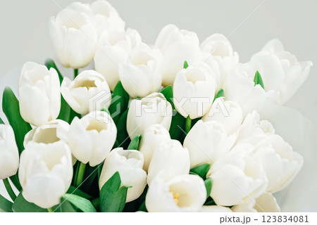 Mothers day, Valentines Day, Birthday celebration concept. Greeting card. Beautiful Bouquet of white delicate tulips. Copy space. Spring background. March 8, International Womens Day 123834081