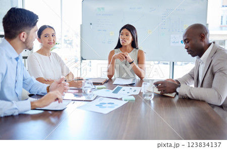 Teamwork, leadership or project management meeting for collaboration, planning strategy or finance report data analysis. Creative, finance consulting or team working on kpi growth review or mission 123834137
