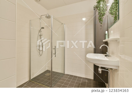 A stylish bathroom featuring a glass shower enclosure, sleek sink, and minimalist decor that emphasizes cleanliness and modern aesthetics. 123834163