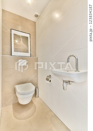 A sleek and contemporary bathroom featuring a wall-mounted sink, toilet, and stylish artwork. The neutral color palette enhances the minimalist feel. 123834187