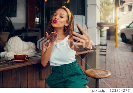 Cafe, smartphone selfie and black woman with coffee for social media restaurant review, marketing and gen z lifestyle. Influencer customer at coffee shop using phone photography for online profile 123834277