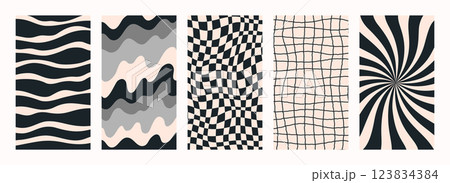 Abstract psychedelic retro pattern set. Groovy Trendy backgrounds in abstract y2k style. Vector graphic for posters and art prints. 123834384