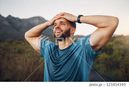 Tired, sweat and fitness man in nature taking break or rest after running, workout and training in countryside for health. Athlete runner exhausted after hiking or run on trail for cardio exercise 123834393