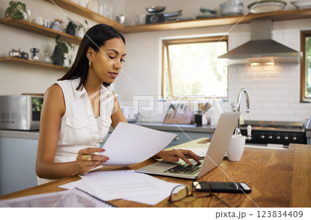 Documents, laptop or business woman in kitchen with financial research, company budget or survey review in house. Employee, worker or manager planning schedule, agenda or SEO data analysis at home 123834409