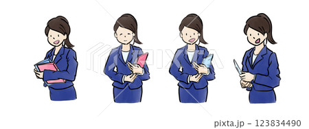 大きめの手描き水彩風 オフィスなどの仕事でクリップボードや書類を手に持つOL素材 4枚セット3 123834490