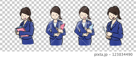 大きめの手描き水彩風 オフィスなどの仕事でクリップボードや書類を手に持つOL素材 4枚セット3 123834490