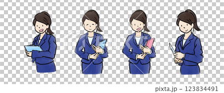 大きめの手描き水彩風 オフィスなどの仕事でクリップボードや書類を手に持つOL素材 4枚セット4 123834491