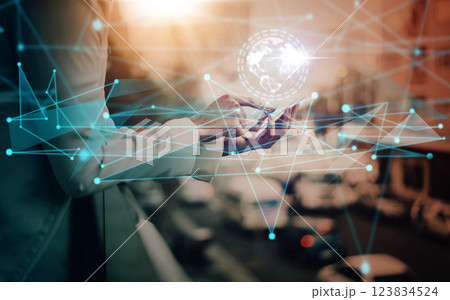 Business woman, hands or phone and futuristic 3D networking zoom in globe collaboration, cybersecurity or ai communication. Technology abstract, cloud computing or digital transformation world in app 123834524