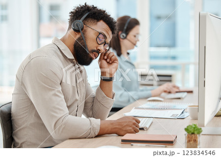 Burnout, stress and call center agent man on computer in telemarketing sale, website support career fatigue. Tired, anxiety or depression of online IT business support consultant or virtual advisor Burnout, stress and call center agent man on computer in telemarketing sale, website support career fatigue. Tired, anxiety or depression of online IT business support consultant or virtual advisor 123834546