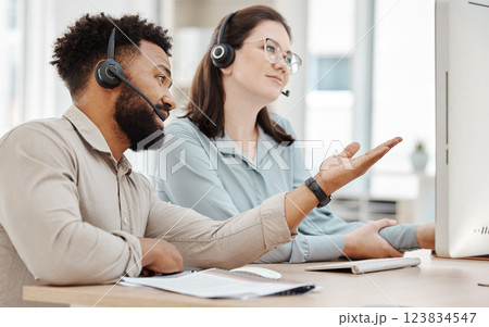 Call center staff teaching sales consultant, telemarketing employees and crm customer service workers on computer software in office agency. Business people training, coaching and consulting solution Call center staff teaching sales consultant, telemarketing employees and crm customer service workers on computer software in office agency. Business people training, coaching and consulting solution 123834547