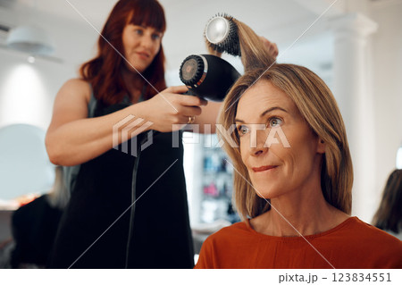 Small business, beauty salon and elderly woman self care getting hair professional style by a hairdresser with brush or hairdryer. Mature client, hair care stylist modern hairstyle and focus customer Small business, beauty salon and elderly woman self care getting hair professional style by a hairdresser with brush or hairdryer. Mature client, hair care stylist modern hairstyle and focus customer 123834551
