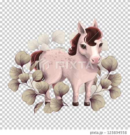Little pony horse with floral branches. Cute animal illustration. 123834558