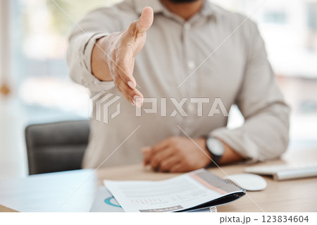 Hiring, handshake and welcome due to success in an interview for a new job position after negotiation agreement. Shaking hands, cv and hr manager greeting employee or worker after resume application 123834604
