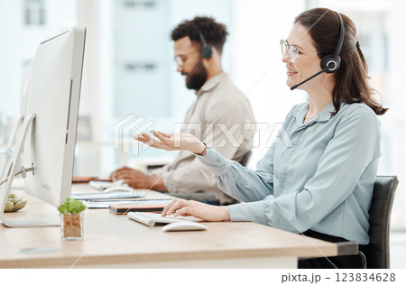 Woman, call center and smile at computer for customer support, crm or help in phone call. Consultant, agent or worker is happy for consulting at customer service, telemarketing or support job with pc Woman, call center and smile at computer for customer support, crm or help in phone call. Consultant, agent or worker is happy for consulting at customer service, telemarketing or support job with pc 123834628