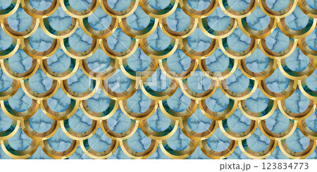 Mermaid fish scale wave luxury golden seamless pattern. Watercolor hand drawn Scales shaped texture. 123834773