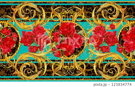 Design silk scarf with golden baroque elements, red Roses on Leopard skin background.  123834774