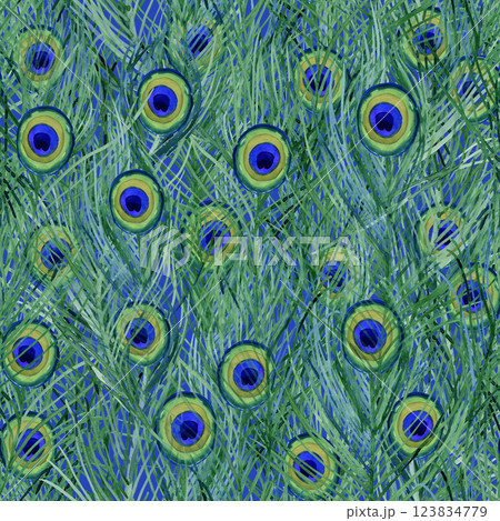 Seamless Peacock Feathers watercolor pattern 123834779