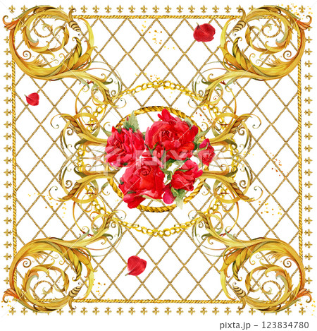 scarf textile design and roses flowers borders pattern 123834780