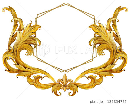 Watercolor frames and vignette for design template. Victorian style. Golden floral borders.  123834785