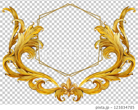 Watercolor frames and vignette for design template. Victorian style. Golden floral borders.  123834785
