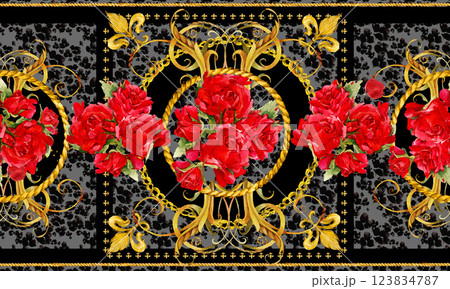 Design silk scarf with golden baroque elements, red Roses on Leopard skin background.  123834787