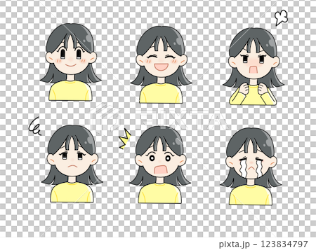女性の喜怒哀楽表情セット 123834797