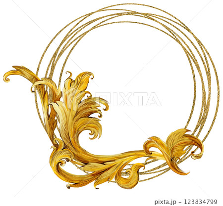 Watercolor frames and vignette for design template. Victorian style. Golden floral borders.  123834799