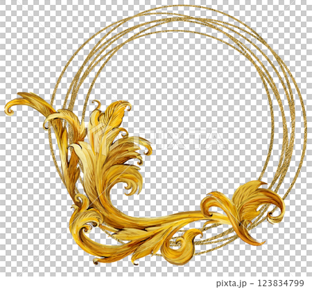 Watercolor frames and vignette for design template. Victorian style. Golden floral borders.  123834799