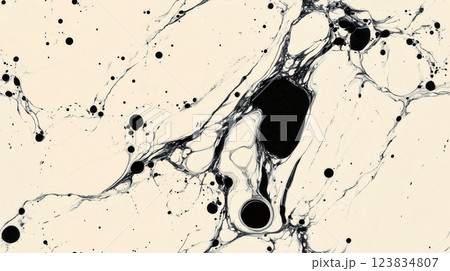 Black oil paint splash on fluid surface texture, black and cream color tones in seamless tile pattern style. 123834807