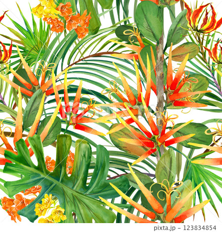 tropical leaf and many flowers seamles pattern tropical leaf and many flowers seamles pattern 123834854