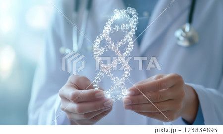 Female scientist holding dna model in laboratory setting 123834895