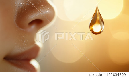 Close-up of dewy female skin with a golden oil drop on blurred background 123834899