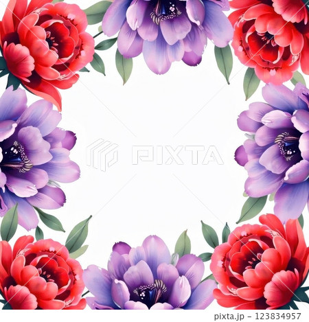 A vibrant and bold illustration of peonies in a circular arrangement. The bright red and purple petals of the flowers stand out against the light background, creating a striking contrast.  123834957