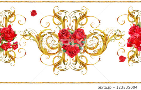 Scarf frame design watercolor illustration for fashion, textile print. With gold chains, red roses Scarf frame design watercolor illustration for fashion, textile print. With gold chains, red roses 123835004