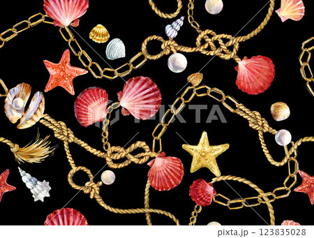 Watercolor marine pattern with gold chains, ropes, red and yellow starfish, shell Watercolor marine pattern with gold chains, ropes, red and yellow starfish, shell 123835028