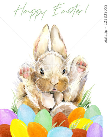 Watercolor cute Easter bunny with Easter eggs. Happy Easter Card. Watercolor cute Easter bunny with Easter eggs. Happy Easter Card. 123835055