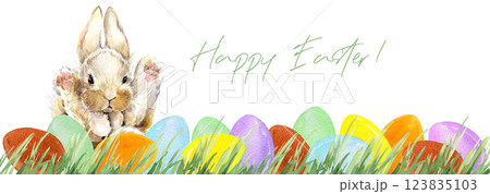 Watercolor cute Easter bunny with Easter eggs. Happy Easter Card. Watercolor cute Easter bunny with Easter eggs. Happy Easter Card. 123835103