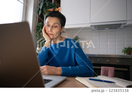 Tired mature woman overwhelmed by laptop work even at home. Remote work burnout, depression, stress Tired mature woman overwhelmed by laptop work even at home. Remote work burnout, depression, stress 123835138