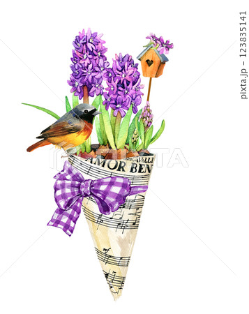 Bouquet of Flowers in a paper bag with a bow and Cute little bird. Watercolor hand drawn series 123835141